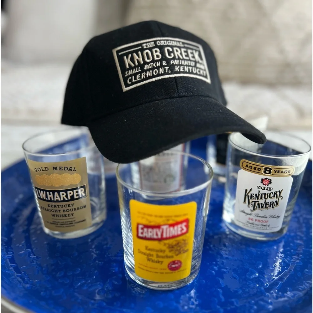 VTG Set of 6 Whiskey High Ball Drinking Glasses & Brand New Knob Creek Hat